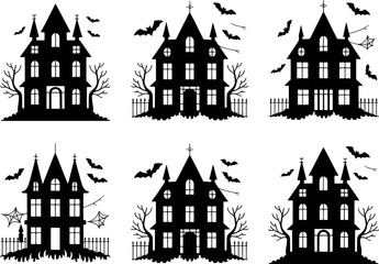 Spooky haunted houses with bats and cobwebs halloween