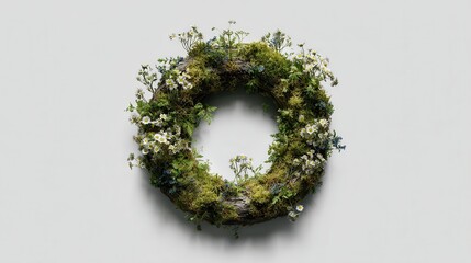 Beautiful decorative wreath made of lush moss and vibrant wildflowers, hanging gracefully on a clean white wall, adding a refreshing touch of nature and elegance to any space