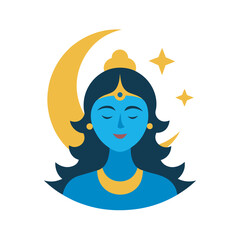 vector flat colour krishna with moon and stars,	Janmashtami concept.