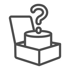 Product box with cylinder hat and question mark line icon, gaming theme concept. Vector graphics. Unknown prize, package sign on white background, outline style icon of mobile or web design.