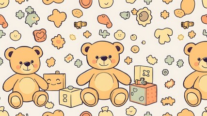 Seamless pattern featuring teddy bears and toy blocks on a light background for children's designs