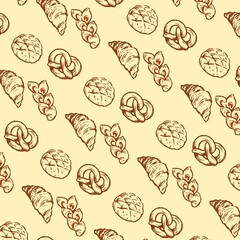 seamless pattern featuring hand-drawn sketches of various bakery items, with light beige background 