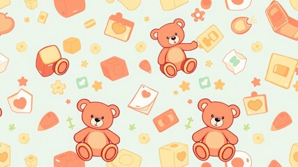 A seamless pattern of cartoon teddy bears and various shapes on a light blue background design art