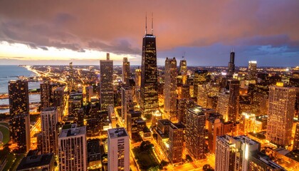 Naklejka premium Chicago's skyline glows under a dramatic sunset sky, featuring the iconic John Hancock Center