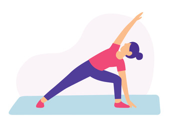 Woman in side angle pose flat vector. Flat vector of extended yoga posture. Minimalist extended angle pose design.