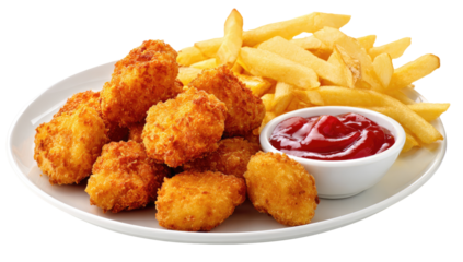 Crispy chicken nuggets with french fries and ketchup