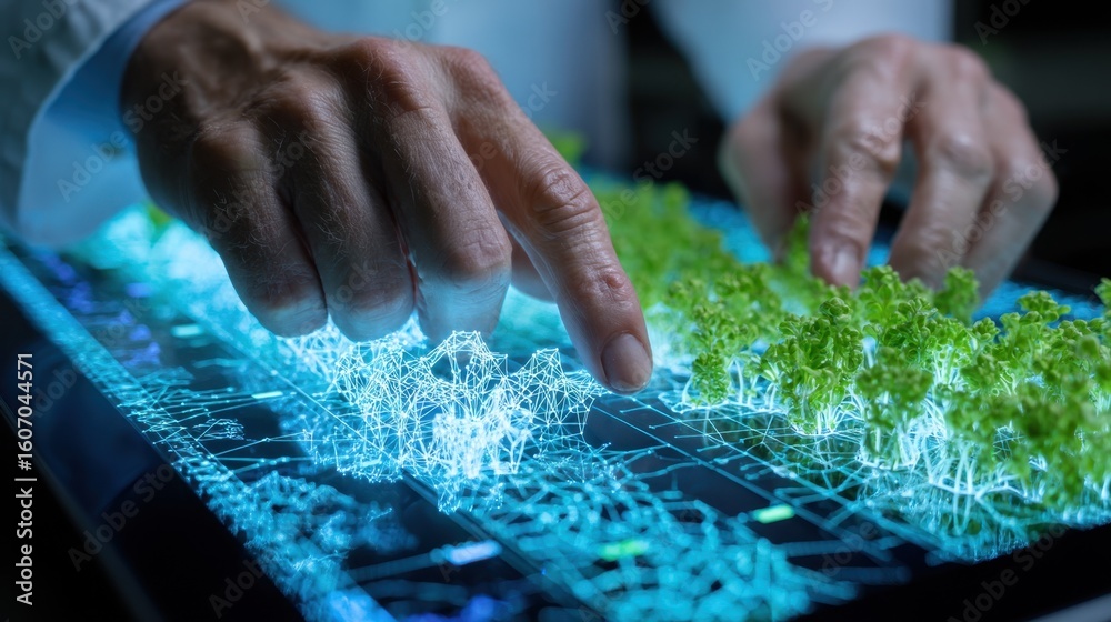 Poster closeup of a scientist interacting with a futuristic touchscreen interface, analyzing real time data