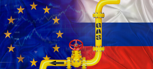 Gas pipeline with Russian and EU flag. Production and export of Russian gas to the European Union