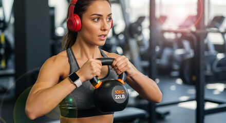 A dedicated woman engages in a challenging kettlebell workout in a modern gym setting, fully immersed in her exercise routine. Capturing the essence of strength and fitness.