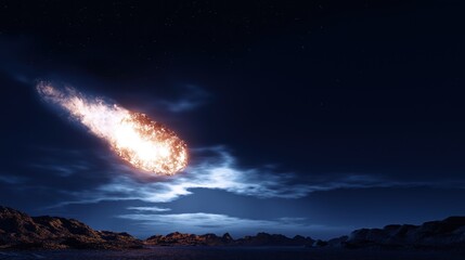 Big asteroid burning rock falling from the sky at night over landscape