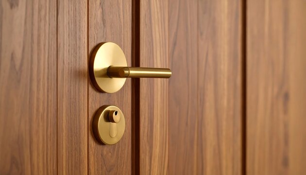 Elevate your space with a modern gold door handle on a luxurious wooden door for a sophisticated touch