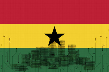 Ghana's economic and technological landscape, featuring the national flag, stacked coins, and digital circuit board elements, symbolizing growth and innovation in finance