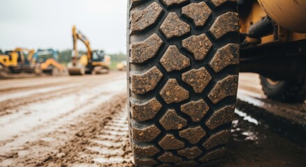 Macro perspective of a construction vehicles traction pattern on a messy wet site.