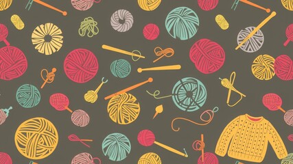 A repetitive pattern of yarn balls, knitting needles, and a sweater on a dark gray background