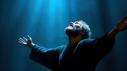 Bearded actor in dark costume, raising arms dramatically while gazing upward to blue stage lighting, embodying intense theatrical performance