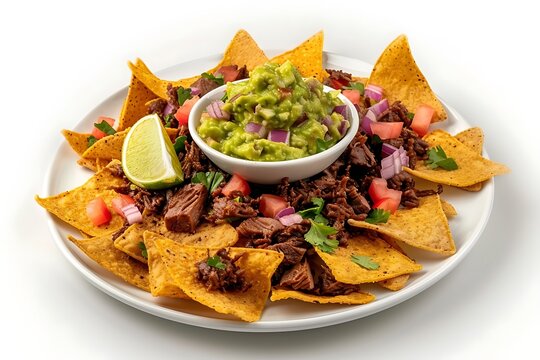 close-up 3D render of tortilla chips topped with beef and a central green guacamole bowl, white plate on