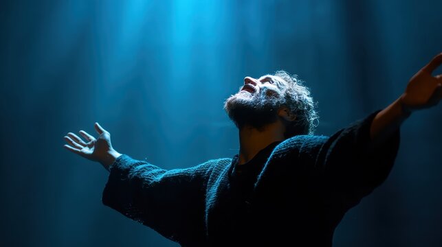 Bearded actor in dark costume, raising arms dramatically while gazing upward to blue stage lighting, embodying intense theatrical performance