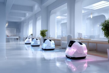 Several sleek, autonomous robots efficiently serving food and drinks in a brightly lit, modern cafe environment, illustrating the future of dining and hospitality.