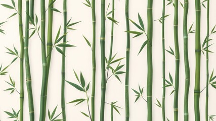 A serene arrangement of green bamboo stalks and leaves against a white background creating a pattern