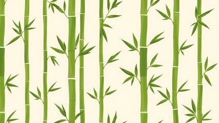 Seamless pattern showing green bamboo stalks with leaves against a light cream colored background design
