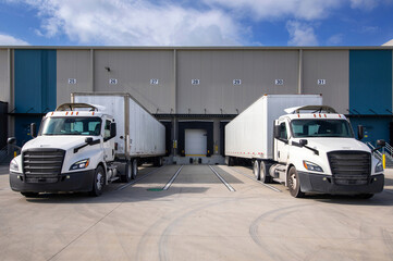 two trucks parked on warehouse loading dock