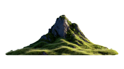 Mountain peak rising with lush green grass, transparent background showcasing natural landscape element for design, environmental, and creative graphic projects