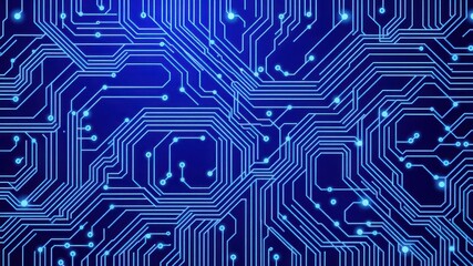 A complex network of glowing blue circuit board pathways and connections on a dark blue background