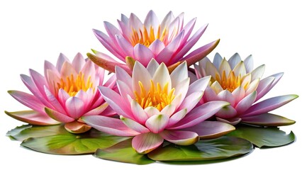 Beautiful ensemble of pink water lilies or lotus flowers with green pads © Md