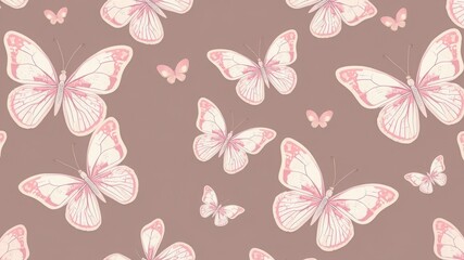 Seamless pattern featuring pink and white butterflies on a muted brown background design artwork