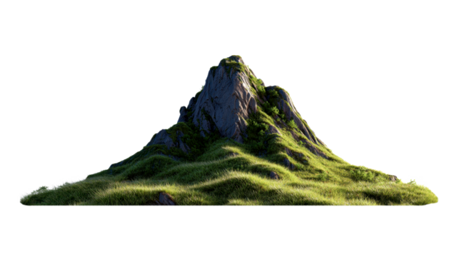 Mountain peak rising with lush green grass, transparent background showcasing natural landscape element for design, environmental, and creative graphic projects
