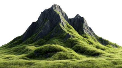 Alpine mountain slope blanketed by verdant grass, presenting striking green texture contrasting against transparent backdrop for graphic design flexibility