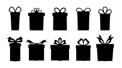  Gift boxes with ribbon icons Set. Gift box flat silhouette set.