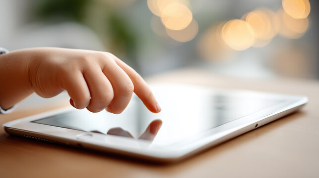 Child's hand touches the screen of a tablet on a wooden table.