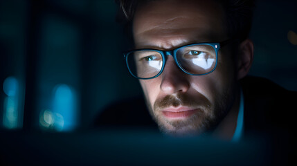 Focused businessman working late at night in dark office using laptop