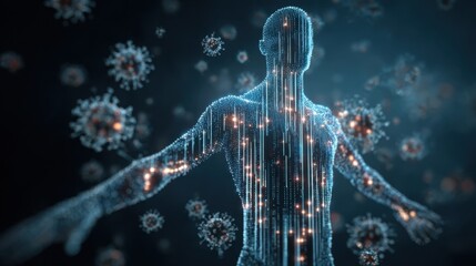 Visual sequence depicting immune deficiency with static antibody bars and dynamic digital infection icons flashing across a human silhouette.
