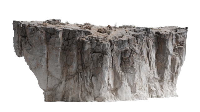 Floating rocky cliff against transparent backdrop, revealing dramatic geological structure, perfect for imaginative design compositions