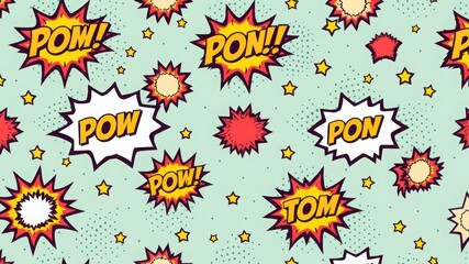 A comic book style background with speech bubbles and stars on a light blue dotted background