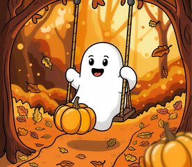 ghost on a swing with a jack-o-lantern , generative ai