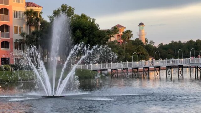 Sunset along a water feature at a beautiful hotel in Orlando Florida.