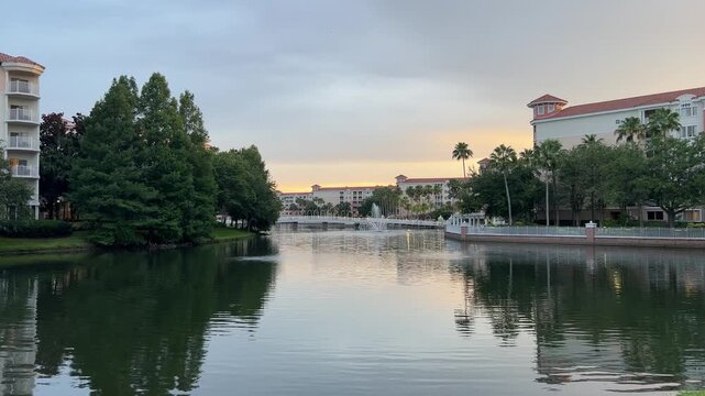 Sunset along a water feature at a beautiful hotel in Orlando Florida.