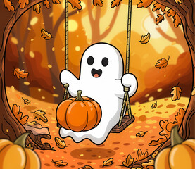 ghost on a swing with a jack-o-lantern , generative ai