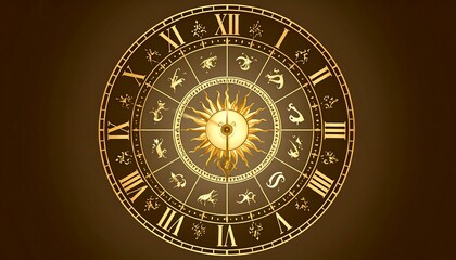 Ornate golden clock face with zodiac symbols