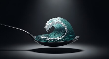 A spoon holding a miniature ocean wave frozen in motion