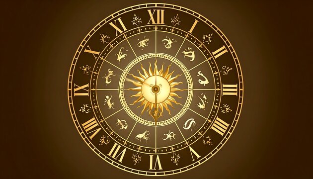 Ornate golden clock face with zodiac symbols