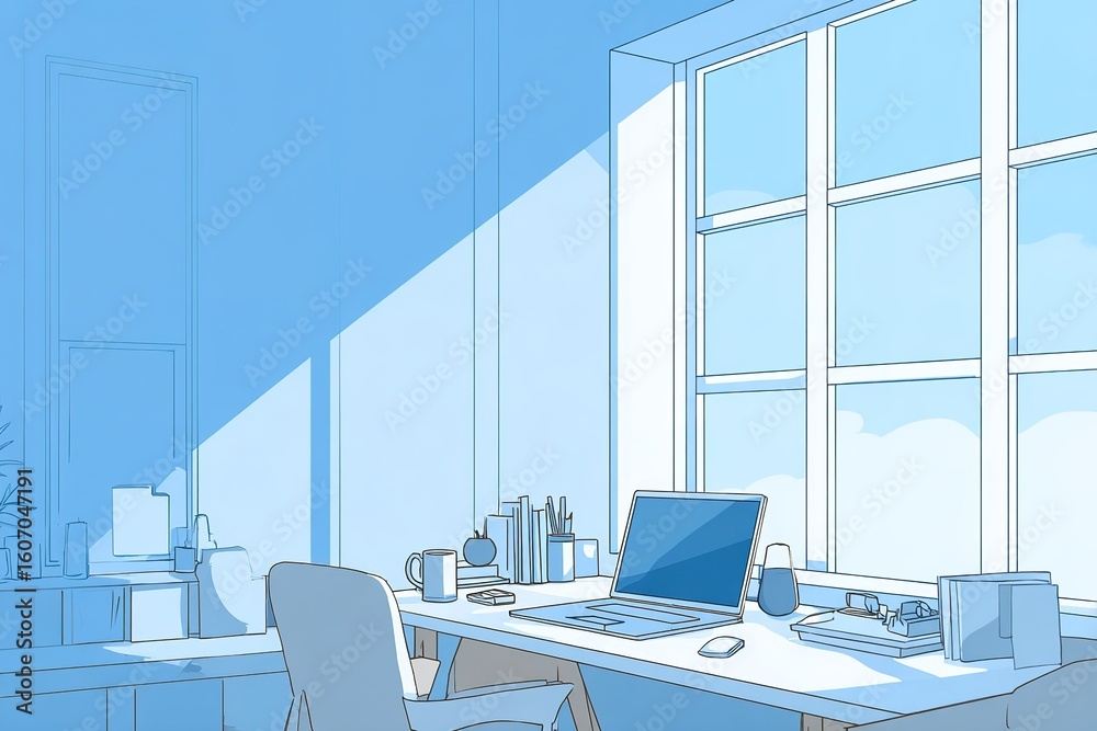 Poster calm workspace with bright window light illuminating a desk and computer in a serene office setting