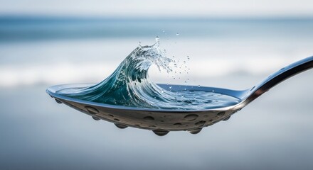 A spoon holding a miniature ocean wave frozen in motion