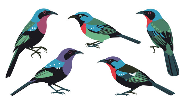 Colorful Bowerbirds in various poses on white background  