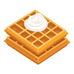 A stack of two golden-brown Belgian waffles with a dollop of whipped cream, presented in a clean isometric style.