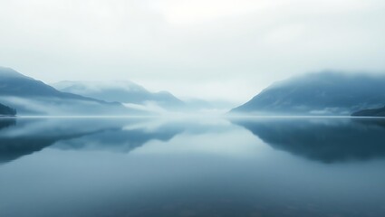 Obraz premium Minimal Mountain and Lake Wallpaper with Fog and Reflection – Cool-Toned Nature-Inspired Background for Laptops and Desktops – Peaceful Landscape for Focused, Aesthetic Workspaces and Screens