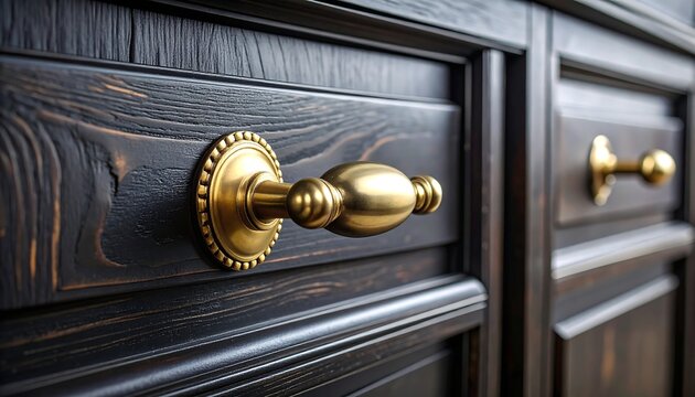 Elegant dark wood cabinet doors with shining brass knobs for luxurious interior design details